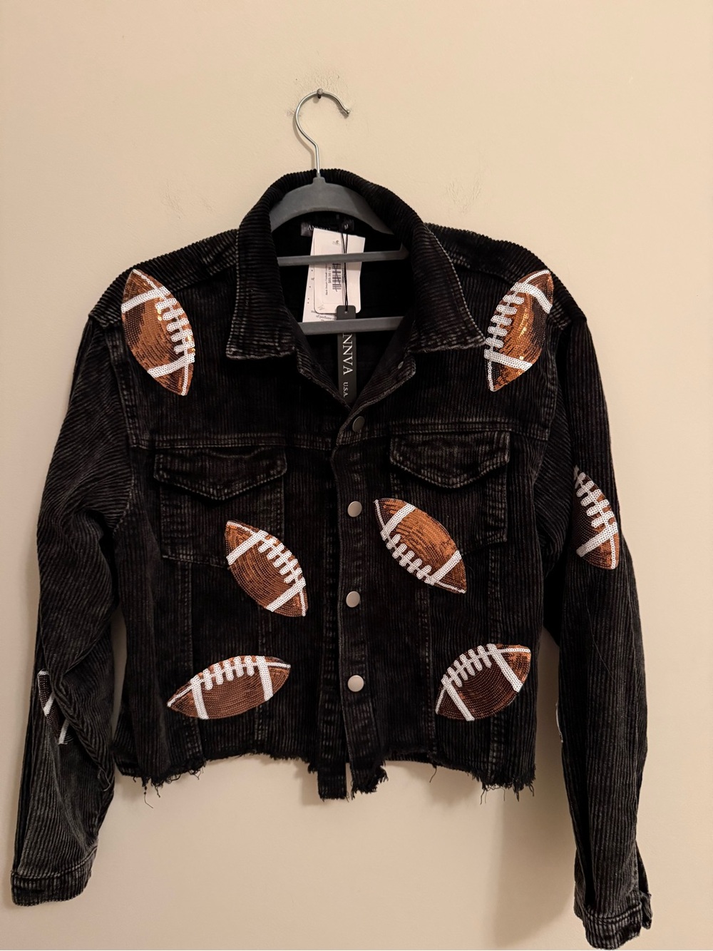 Black Corduroy Jean Jacket with Brown & White Football Patches